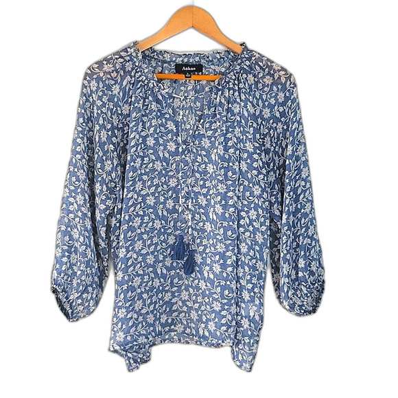 AAKAA Blue White Sheer Floral V-neck Blouse size L Loose Fitting Flowy Tassels - Picture 2 of 13